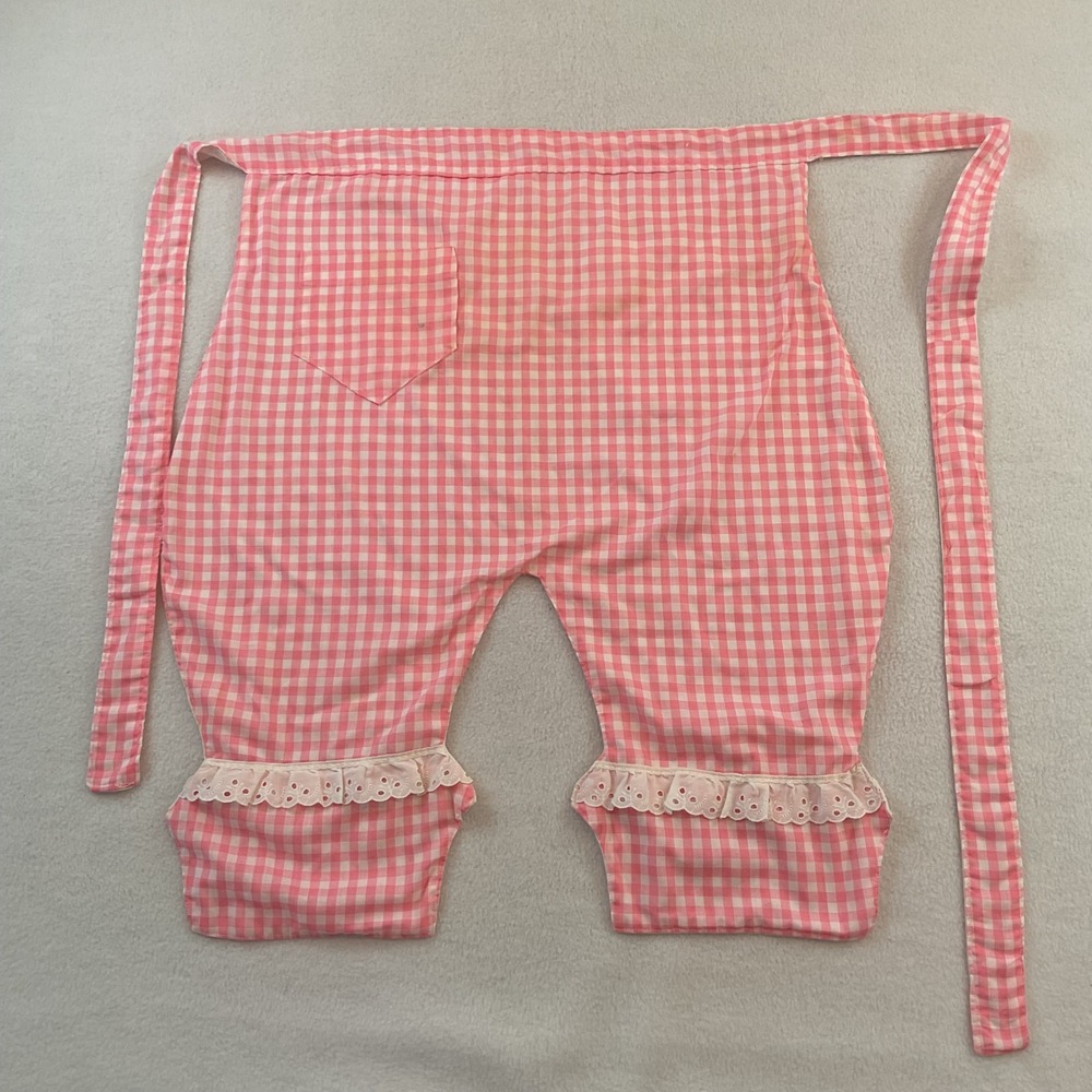 Vintage Handmade Pink Gingham Split Leg Half Apron Eyelet Lace Trim Pocket